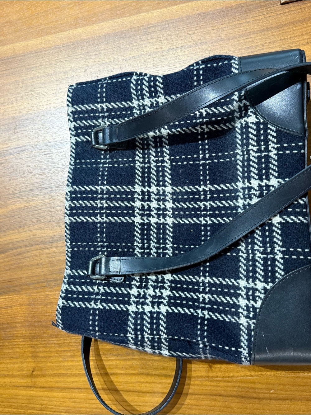 Black & Cream Plaid Tote Bag with Leather Trim